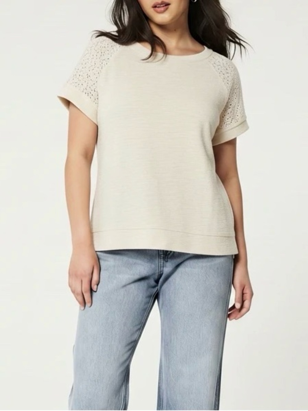 Lou & Grey Cream Textured Tee with Lace Accents